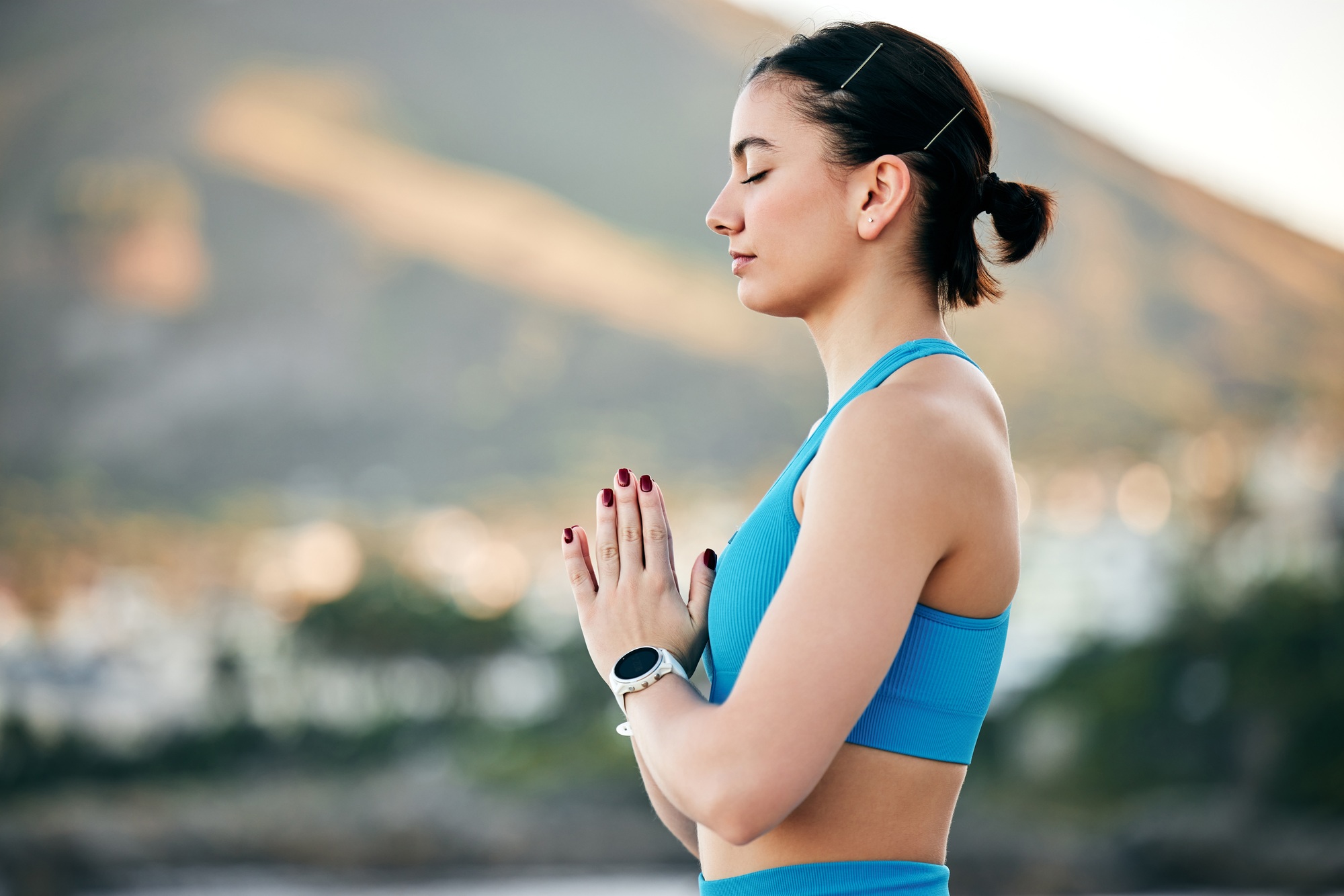 Fitness, yoga and meditation with a woman outdoor in nature for zen, inner peace or balance for wel